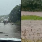 Vídeo: Água invade pista na BR-101 e interdita tráfego na divisa entre Paraíba e Pernambuco